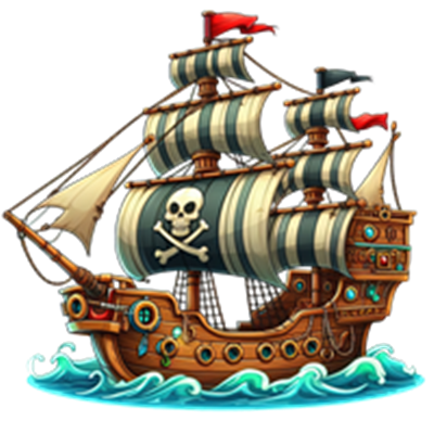 Et farverigt piratskib med sorte og hvide striber, flag og et dødningehoved.