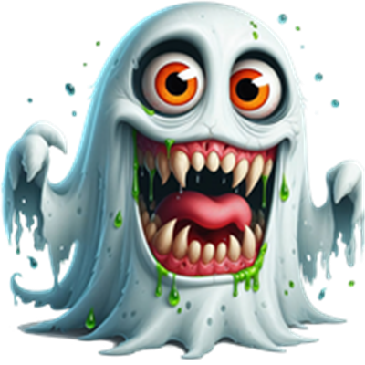 Et farverigt og uhyggeligt spøgelse med store tænder og grønne dråber.