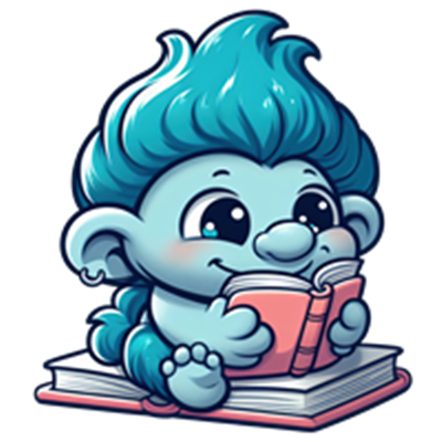 En sød, blå trold med krøllet hår, der læser en bog, siddende på en stak bøger.