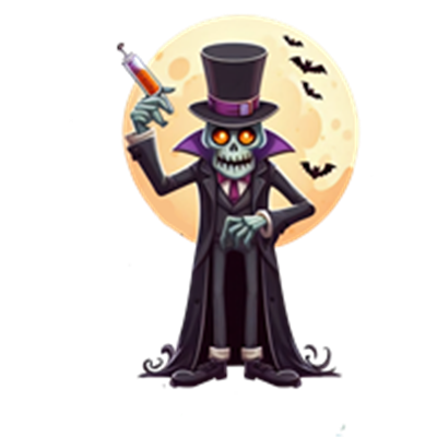 Et farverigt skelet iført en høj hat og kappe, holder en prøveflaske og står foran en fuldmåne.