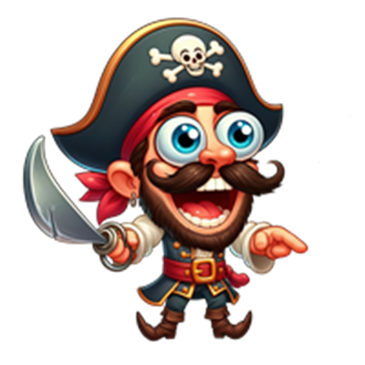 En farverig og glad pirat med stort smil, iført en pirathat og med en klinge i hånden.