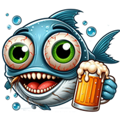 En farverig og sjov tegning af en fisk med store øjne, der holder en ølkrus.