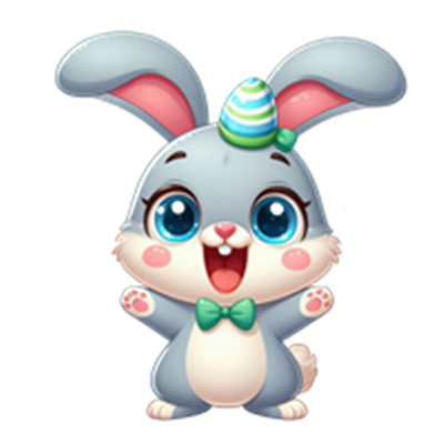 En sød, blå påskehare med store øjne, der bærer en festhat og en grøn sløjfe.