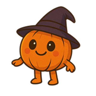 Et sødt græskar med en heksehue, der ser glad ud.