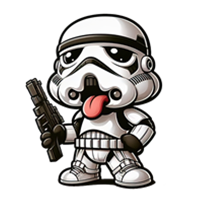 En sød, tegneserieagtig stormtrooper med et legende udtryk og en pistol.