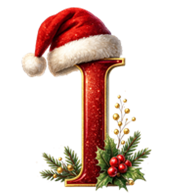 Et glitrende bogstav I iført en rød nissehue, omkranset af julegrønne elementer.