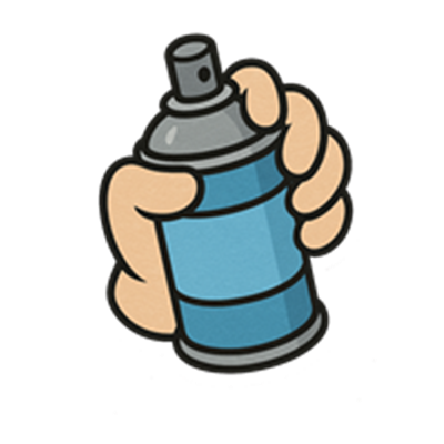 Illustration af en hånd, der holder en spraydåse fyldt med blå maling.