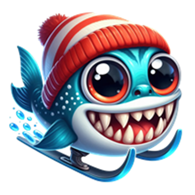 En farverig, tegneserieagtig fisk iført en stribet hue, der suser på skøjter.