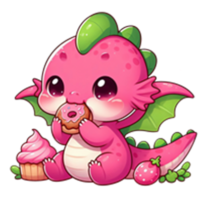 En nuttet pink drage med grønne vinger, der nyder en donut og cupcakes.