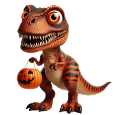 En farverig dinosaur, der holder en græskar-lanterne, perfekt til Halloween.