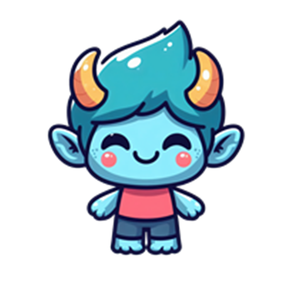 En sød, tegneserieagtig dæmon med blå hud, horn og en glad ansigtsudtryk.