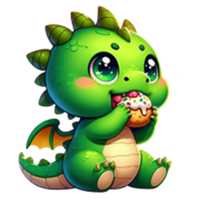 En nuttet grøn drageunge, der spiser en småkage med store, glade øjne.