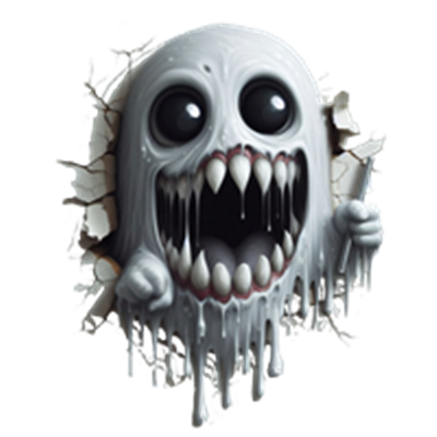 Et skræmmende ansigt med store øjne og skarpe tænder, der ser ud til at bryde ud af væggen.