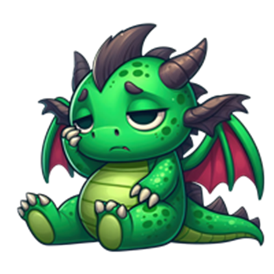 En lille, grøn drage med sorte horn og røde vinger, der ser trist ud.