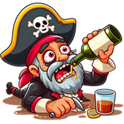 En tegneserie-pirat, der drikker fra en flaske, mens han ligger på jorden.
