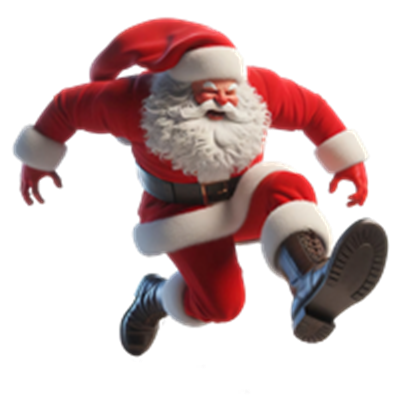 En energisk julemand, der løber med et smil og festligt tøj.