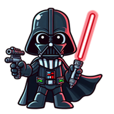 En sød, cartoon-lignende version af Darth Vader, der holder en lyssabel og en pistol.