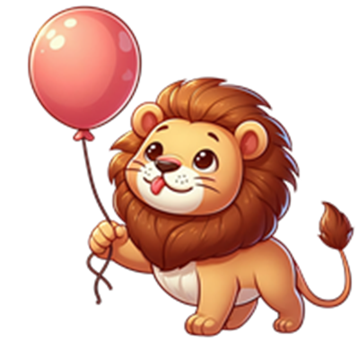 En sød, tegneserieagtig løve holder en lyserød ballon med et glad udtryk.