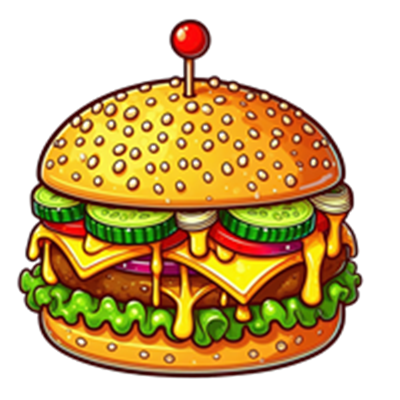 En illustreret burger med sesambrød, ost, grøntsager og en kirsebærtomat på toppen.