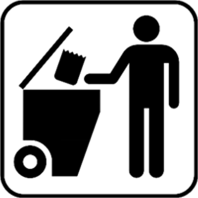 En symbolsk illustration af en person, der smider affald i en skraldespand.