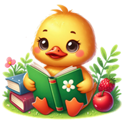 En sød, gul andunge sidder med en bog blandt bøger, æbler og blomster.