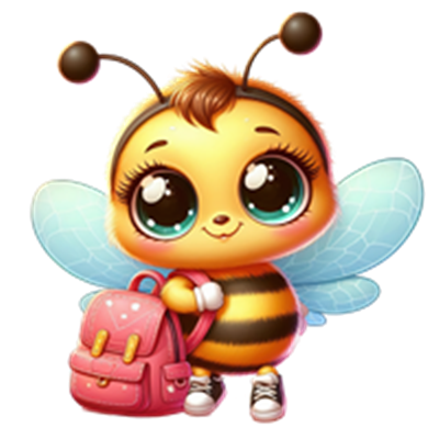 En farverig og nuttet tegneseriebi med store øjne og en pink rygsæk.