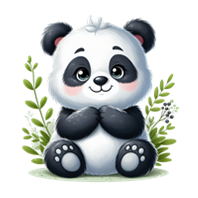 En sød, tegnet panda, der sidder blandt grønne planter, med et venligt udtryk.