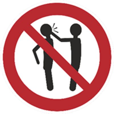 Et skilt, der advarer mod vold, med en illustration af en person, der slår en anden.