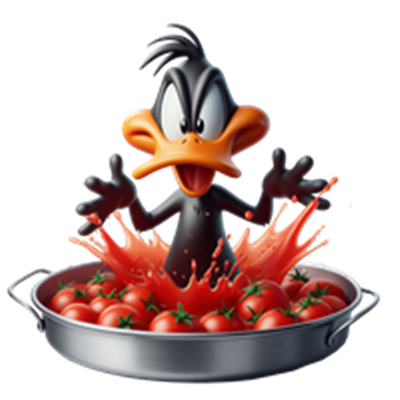 Daffy Duck sprøjter tomater i en gryde, omgivet af tomater.