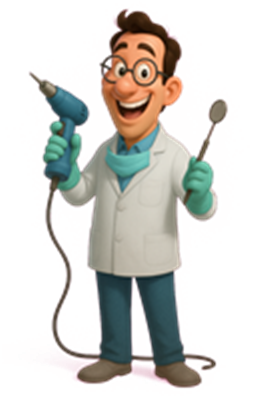 En glad tandlæge iført hvid kittel og handsker, holder tandlægeværktøj.