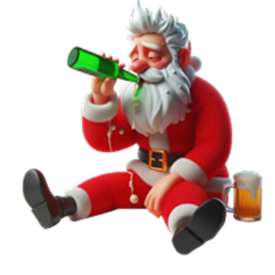 En tegneserieagtig julemand, der drikker fra en flaske, mens han sidder ved en øl.