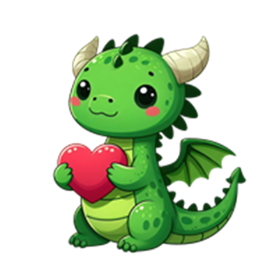En sød, grøn drage holder et rødt hjerte, med store øjne og et venligt udtryk.