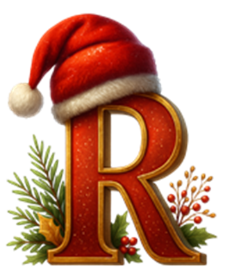 Et stort, festligt bogstav R iført en rød juleskærm og dekoreret med grønne grene.