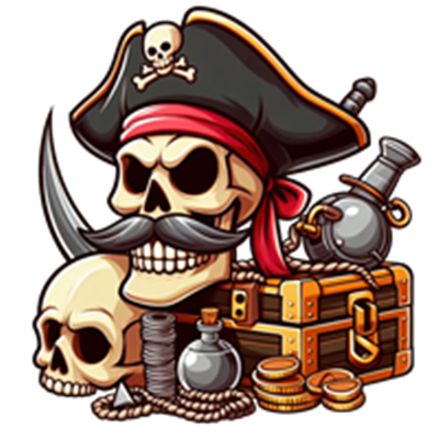 En farverig illustration af en piratskalle med en hat, omringet af skatte og våben.