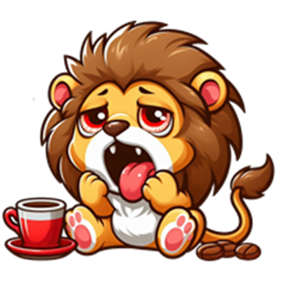 En sød, tegnet løve, der ser træt ud og sidder ved en kop kaffe.