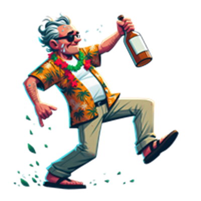 En glad ældre mand iført en farverig skjorte og solbriller, der danser med en flaske.