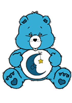 En blå bamse med et hjerte og en måne med stjerner på maven.