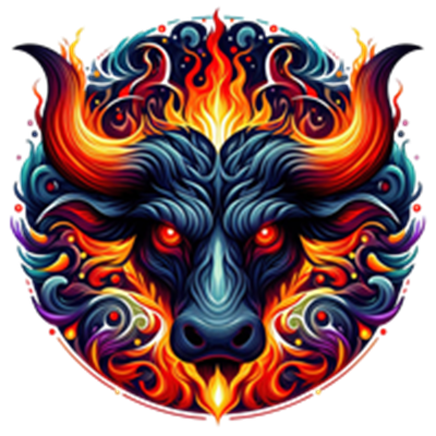 Et farverigt og detaljeret billede af et oksehoved omgivet af flammer og mønstre.
