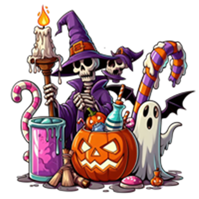 Et farverigt Halloween-billede med et skelet i en hætte, græskar, spøgelser og slik.