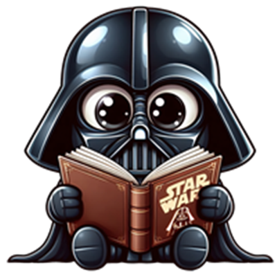 En cartoonagtig Darth Vader med store øjne, der sidder og læser en Star Wars bog.
