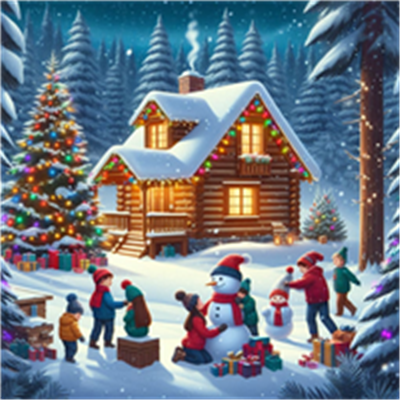 En vinterlig scene med en hyggelig hytte, juletræ, og børn, der bygger en snemands.