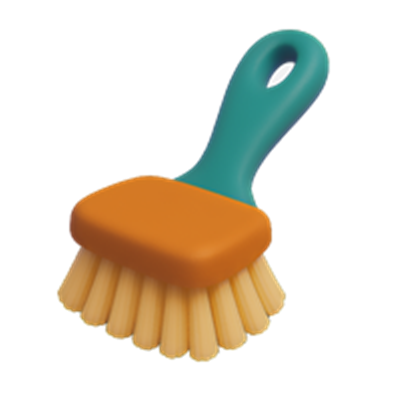 En illustration af en rengøringsbørste med en orange og blå håndtag.