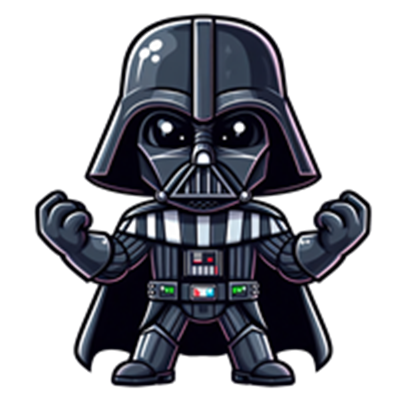 En sød og cartoonish version af Darth Vader, med store øjne og en muskuløs pose.