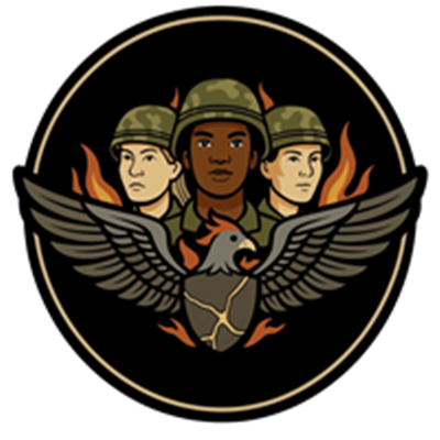Et emblem med tre soldater og en ørn, omgivet af flammer.