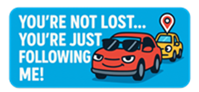 Et humoristisk billede med en rød bil, der smilende opfordrer til at følge efter, mens en gul bil følger efter.