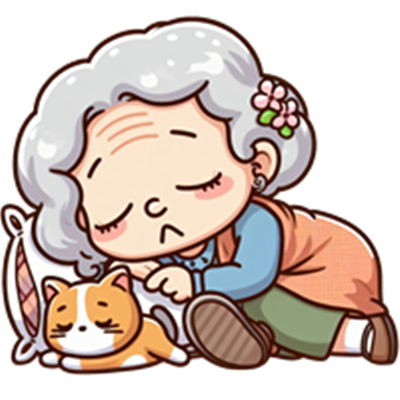 En sød illustration af en gammel kvinde, der sover med en kat ved sin side.