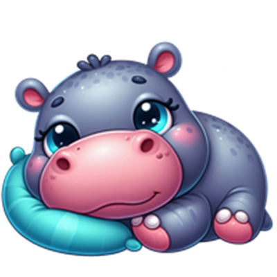 En tegneserieagtig flodhest ligger afslappet på en pude med store, søde øjne.