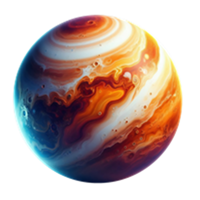 En smuk, farverig planet med skyer og striber i nuancer af orange og blå.