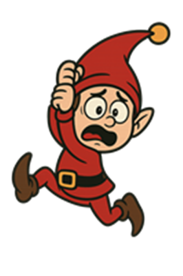 En tegnet nisse i rød dragt ser bange ud, mens han løber væk.