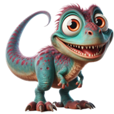 En sød, farverig dinosaur-lignende karakter med store øjne og et venligt smil.